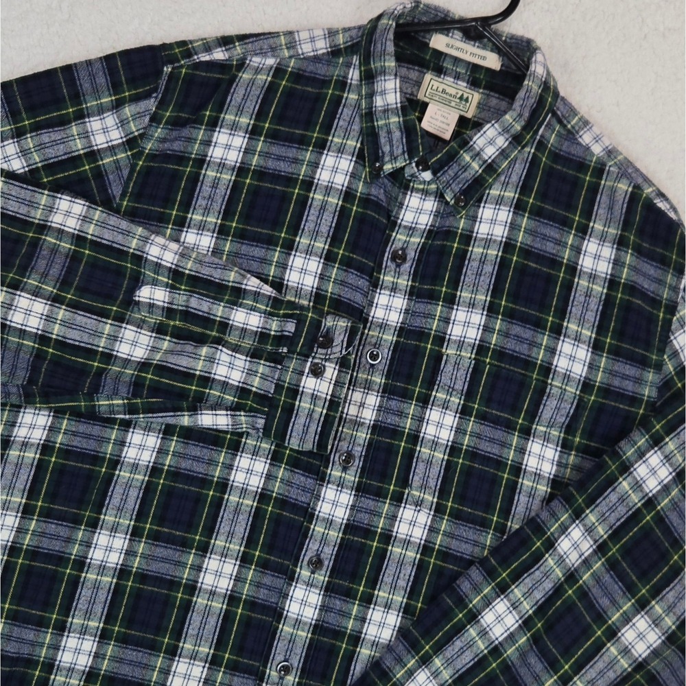 L.L.Bean Men Flannel Shirt L Tall Plaid Button Down Gorpcore Green Navy